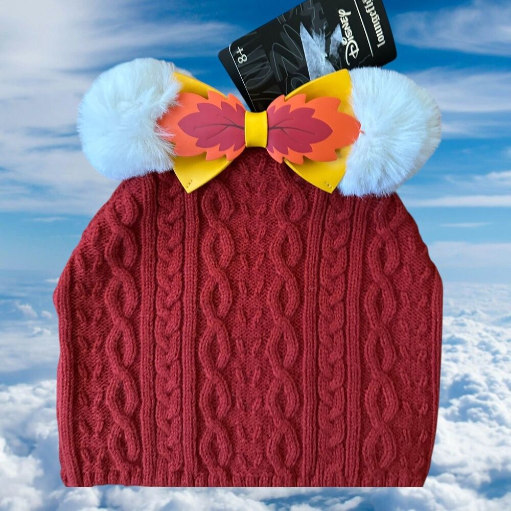 Loungefly Disney Fall Minnie Mouse Faux Fur Pom Beanie Cap Wool Blend Knit NWT